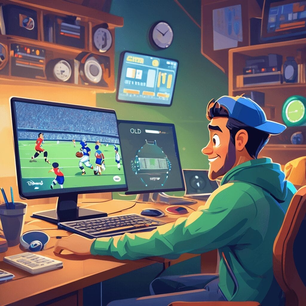 A person in a green hoodie and cap watches a soccer game on a computer screen in a cluttered, tech-filled room, highlighting the marvels of sports technology.