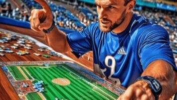 A man in a blue jersey intensely works on completing a baseball-themed jigsaw puzzle at a stadium, channeling his inner sports analyst.