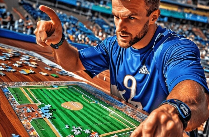 A man in a blue jersey intensely works on completing a baseball-themed jigsaw puzzle at a stadium, channeling his inner sports analyst.