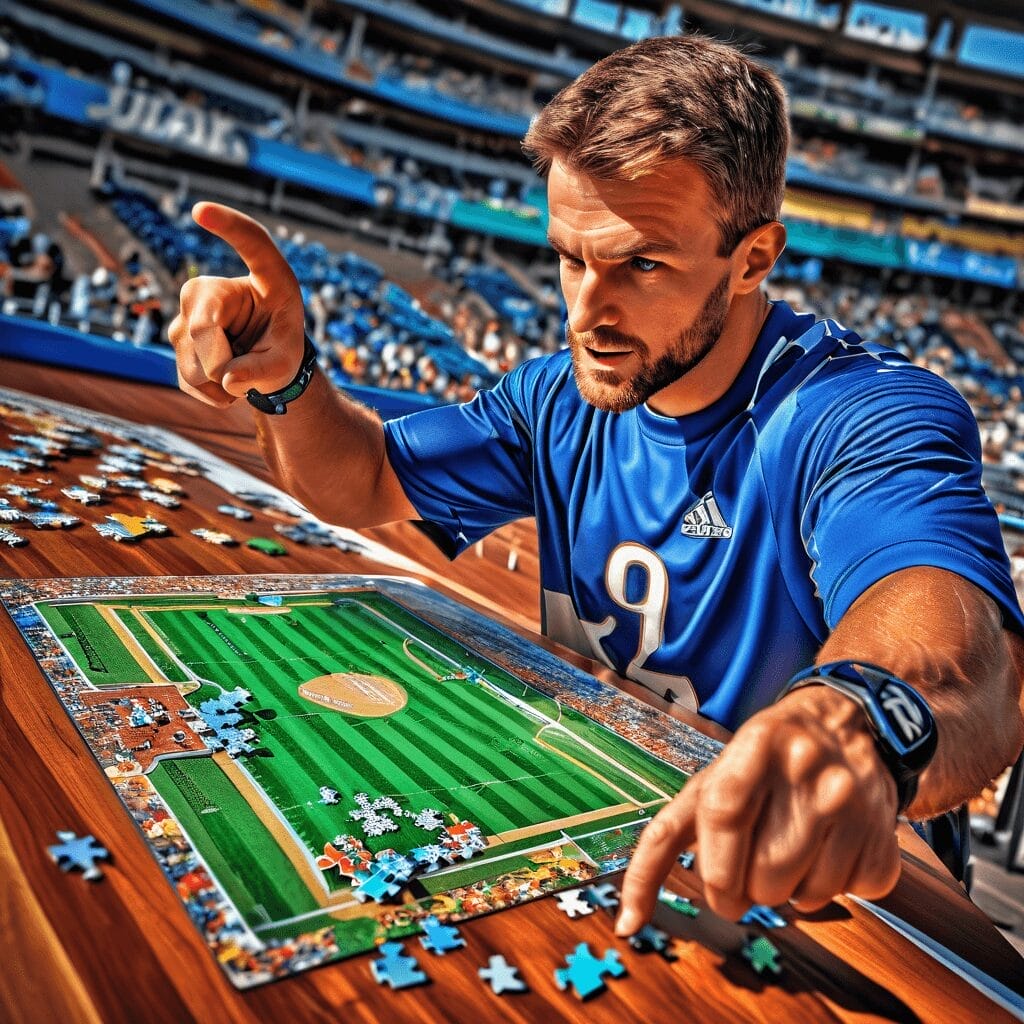 A man in a blue jersey intensely works on completing a baseball-themed jigsaw puzzle at a stadium, channeling his inner sports analyst.