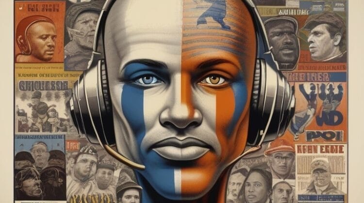 Portrait of a bald person wearing headphones, with their face painted in blue and orange. Surrounding them is a collage of various faces and text in different languages and fonts, resembling the vibrant passion of true sports fans.