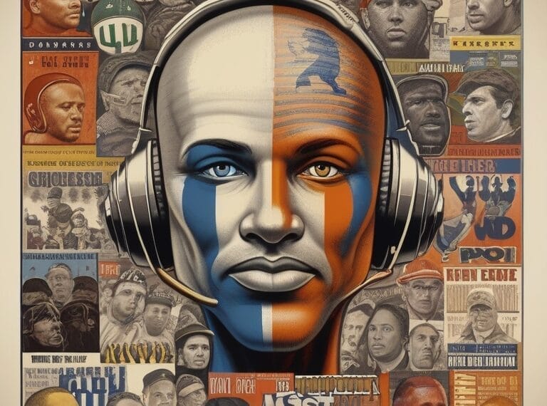 Portrait of a bald person wearing headphones, with their face painted in blue and orange. Surrounding them is a collage of various faces and text in different languages and fonts, resembling the vibrant passion of true sports fans.