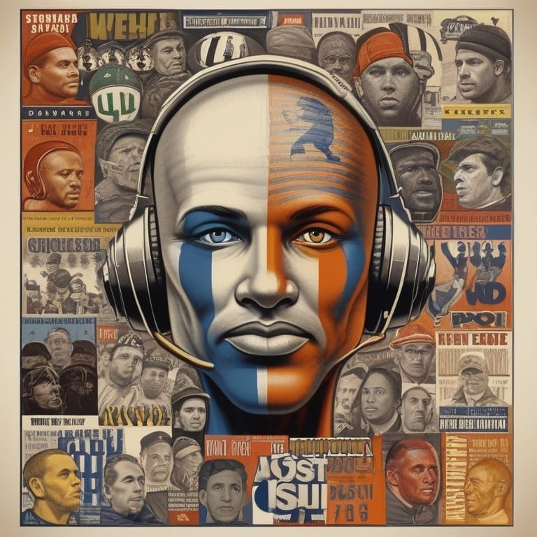 Portrait of a bald person wearing headphones, with their face painted in blue and orange. Surrounding them is a collage of various faces and text in different languages and fonts, resembling the vibrant passion of true sports fans.