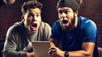 Two men sitting together react with surprise while looking at a tablet screen. A small ball hovers in the air behind them in a dimly lit room, capturing the essence of the evolution of sports.