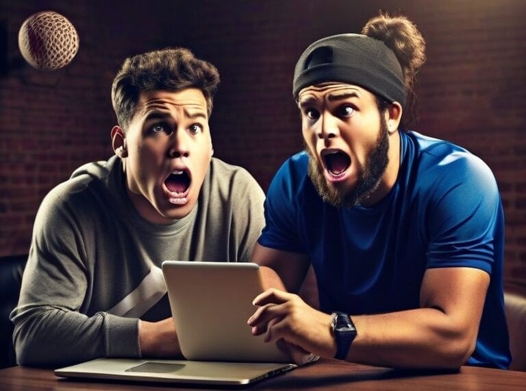 Two men sitting together react with surprise while looking at a tablet screen. A small ball hovers in the air behind them in a dimly lit room, capturing the essence of the evolution of sports.