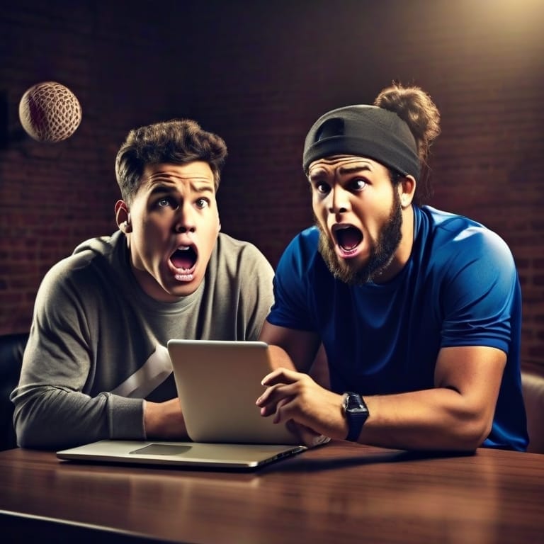 Two men sitting together react with surprise while looking at a tablet screen. A small ball hovers in the air behind them in a dimly lit room, capturing the essence of the evolution of sports.