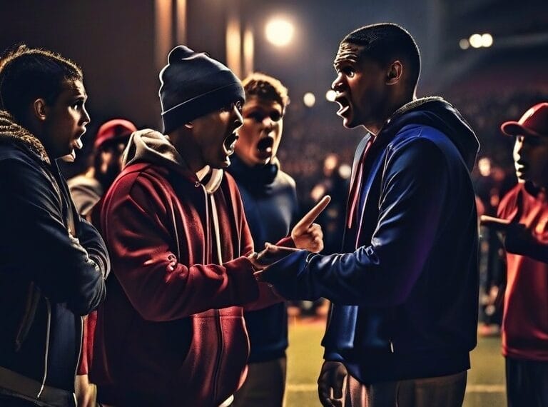 MLS Outshining NHL Two men in hoodies argue, each pointing at the other, surrounded by others in similar attire at an outdoor night event. Stadium lights illuminate the scene, creating a tense atmosphere.