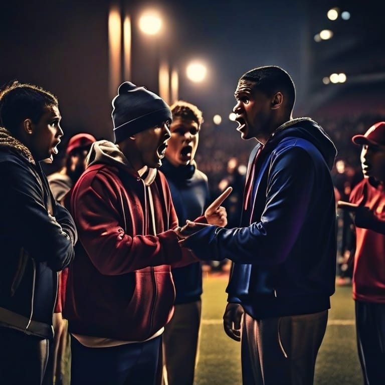 Two men in hoodies argue, each pointing at the other, surrounded by others in similar attire at an outdoor night event. Stadium lights illuminate the scene, creating a tense atmosphere.