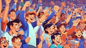 Illustration of a lively crowd cheering and celebrating at a sports event, with people in colorful attire raising their arms and smiling, embodying the spirit that it's all just a game.