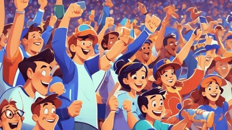 Illustration of a lively crowd cheering and celebrating at a sports event, with people in colorful attire raising their arms and smiling, embodying the spirit that it's all just a game.