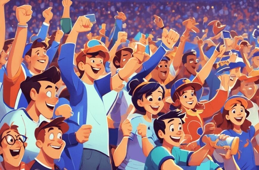 Illustration of a lively crowd cheering and celebrating at a sports event, with people in colorful attire raising their arms and smiling, embodying the spirit that it's all just a game.