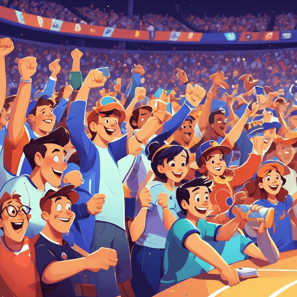 Illustration of a lively crowd cheering and celebrating at a sports event, with people in colorful attire raising their arms and smiling, embodying the spirit that it's all just a game.