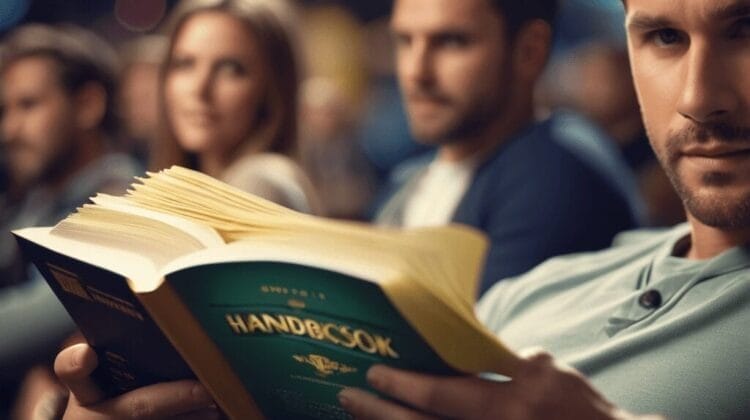 A young man, who is also a sports fan, attentively reads a book titled "Handbook" in a dimly lit room, surrounded by others who are equally engaged in reading or discussion.