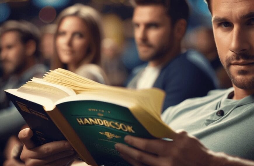 A young man, who is also a sports fan, attentively reads a book titled "Handbook" in a dimly lit room, surrounded by others who are equally engaged in reading or discussion.