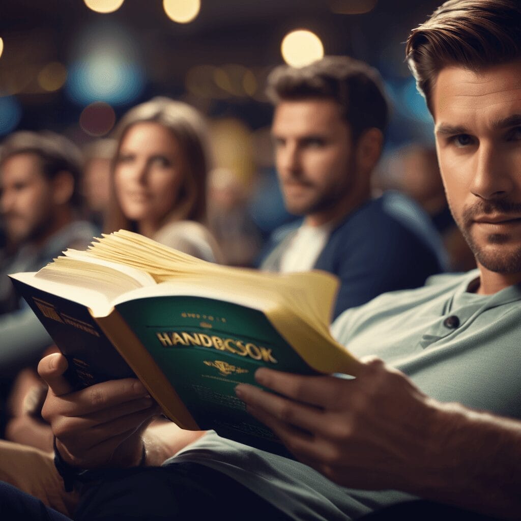 A young man, who is also a sports fan, attentively reads a book titled "Handbook" in a dimly lit room, surrounded by others who are equally engaged in reading or discussion.