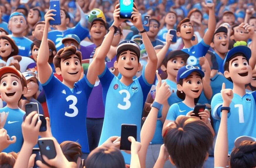 Animated crowd at a sports event, fans in blue jerseys enthusiastically cheering and holding up smartphones, some taking photos or videos. Among them, a Sports Superfan waves a large flag energetically.