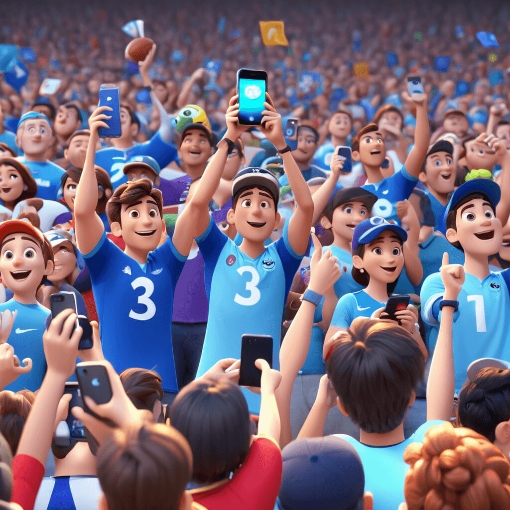 Animated crowd at a sports event, fans in blue jerseys enthusiastically cheering and holding up smartphones, some taking photos or videos. Among them, a Sports Superfan waves a large flag energetically.