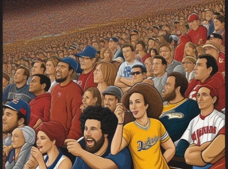 A diverse crowd of people wearing various sports jerseys and apparel attentively watch a live event in a large stadium, filling the stands.