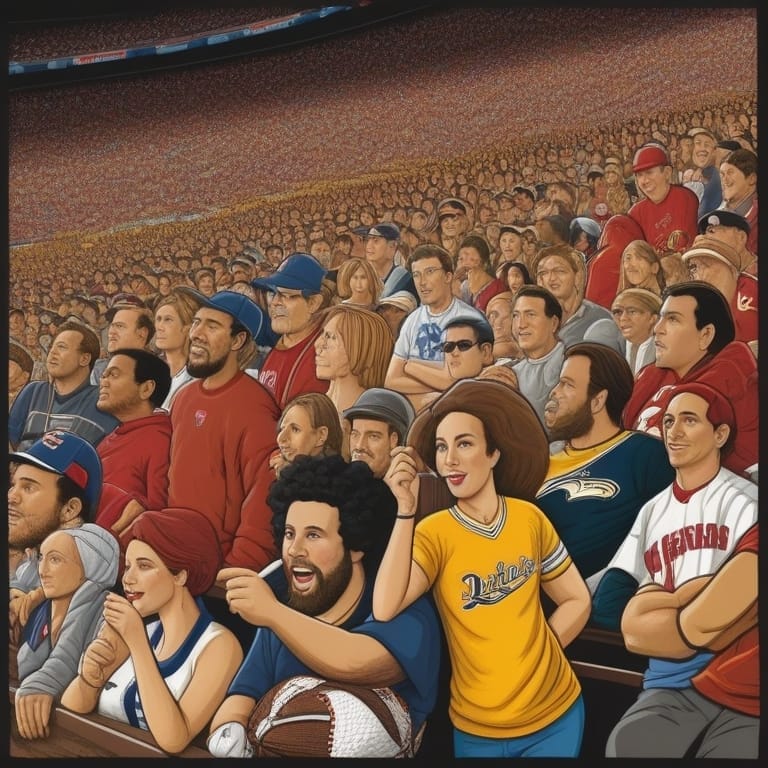 A diverse crowd of people wearing various sports jerseys and apparel attentively watch a live event in a large stadium, filling the stands.