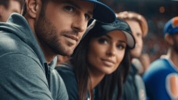 A man and a woman, clearly sports fans, sit side by side in a stadium. The man wears a blue and orange cap and a gray jacket, while the woman sports a black cap and a jersey. Other spectators buzz with excitement in the background.