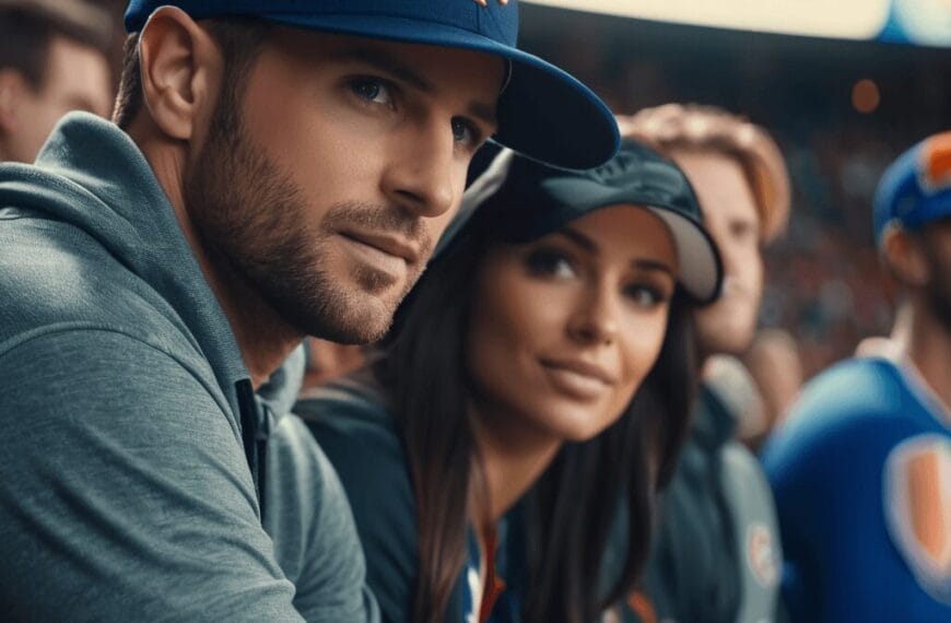 A man and a woman, clearly sports fans, sit side by side in a stadium. The man wears a blue and orange cap and a gray jacket, while the woman sports a black cap and a jersey. Other spectators buzz with excitement in the background.