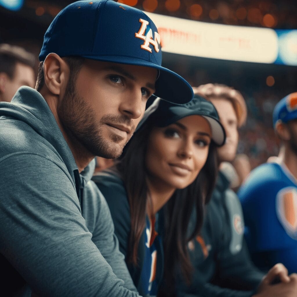 A man and a woman, clearly sports fans, sit side by side in a stadium. The man wears a blue and orange cap and a gray jacket, while the woman sports a black cap and a jersey. Other spectators buzz with excitement in the background.