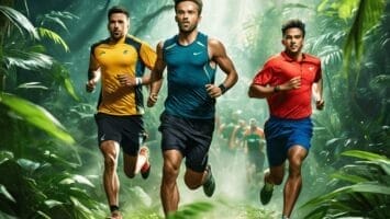 Three men are running through a lush, sunlit forest trail wearing sports attire in blue, yellow, and red. Other runners are visible in the background.