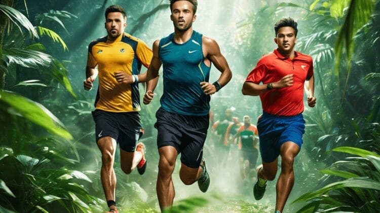 Three men are running through a lush, sunlit forest trail wearing sports attire in blue, yellow, and red. Other runners are visible in the background.