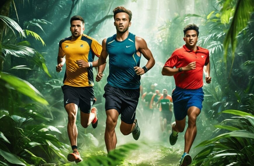 Three men are running through a lush, sunlit forest trail wearing sports attire in blue, yellow, and red. Other runners are visible in the background.