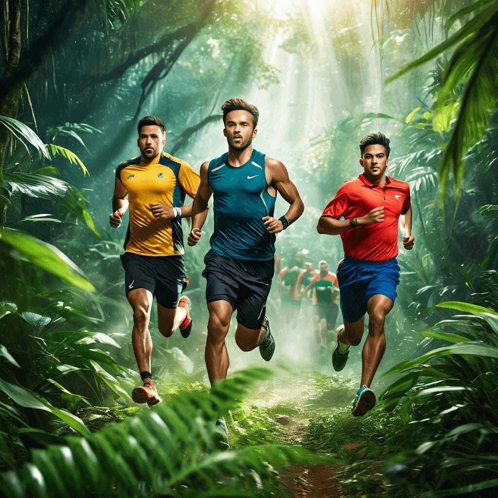 Three men are running through a lush, sunlit forest trail wearing sports attire in blue, yellow, and red. Other runners are visible in the background.