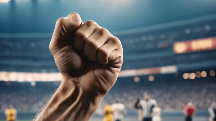 A raised clenched fist in the foreground with a blurry background of a soccer match in a well-lit stadium, capturing the raw emotion often felt by average sports haters.