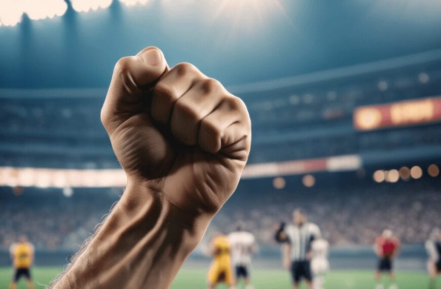 A raised clenched fist in the foreground with a blurry background of a soccer match in a well-lit stadium, capturing the raw emotion often felt by average sports haters.