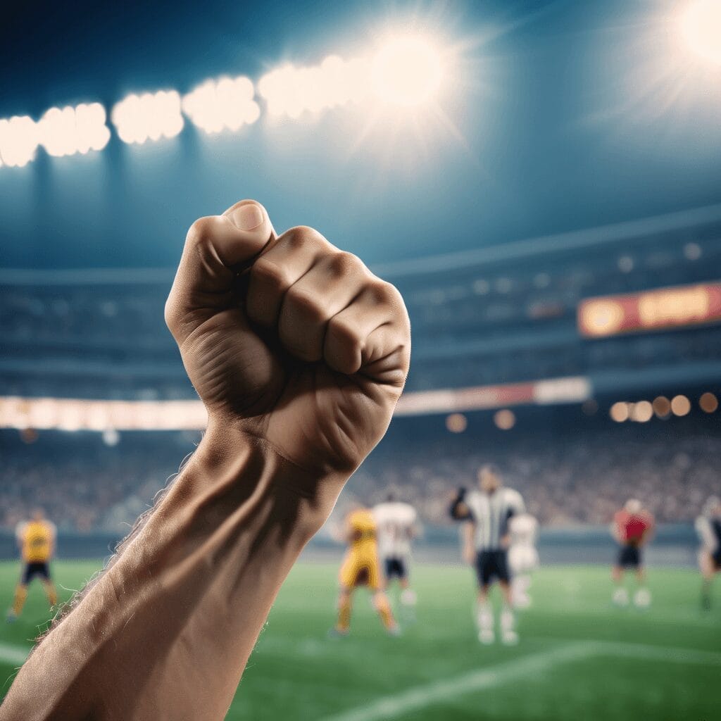 A raised clenched fist in the foreground with a blurry background of a soccer match in a well-lit stadium, capturing the raw emotion often felt by average sports haters.