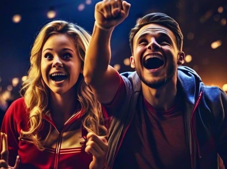 Two people cheer enthusiastically at an NHL Skills Competition event, with string lights illuminating the background. Both wear casual clothing and have joyful expressions.