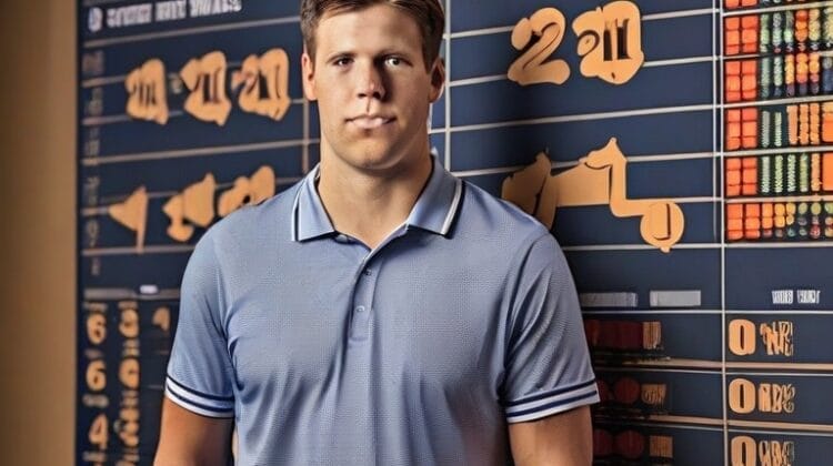 Man in a blue polo shirt stands in front of a board displaying various sports analytics charts and numbers, posing for the camera.