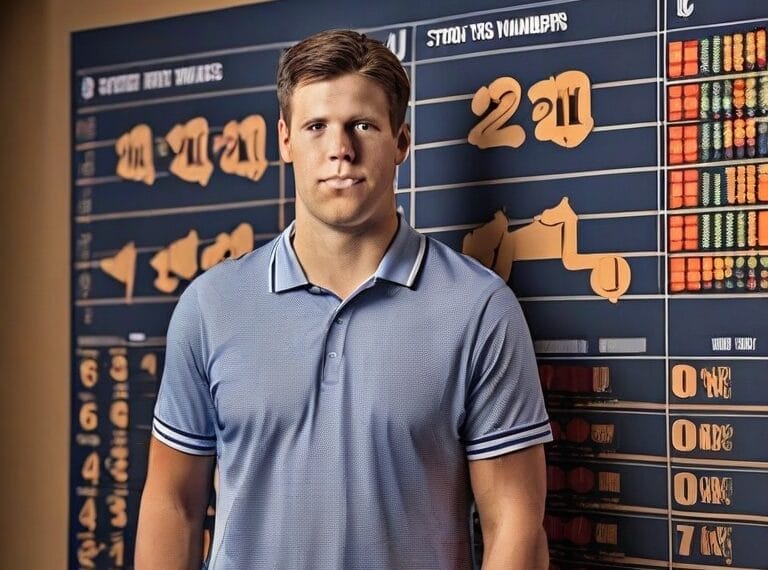 Man in a blue polo shirt stands in front of a board displaying various sports analytics charts and numbers, posing for the camera.