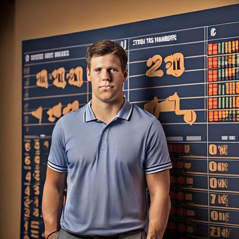 Man in a blue polo shirt stands in front of a board displaying various sports analytics charts and numbers, posing for the camera.