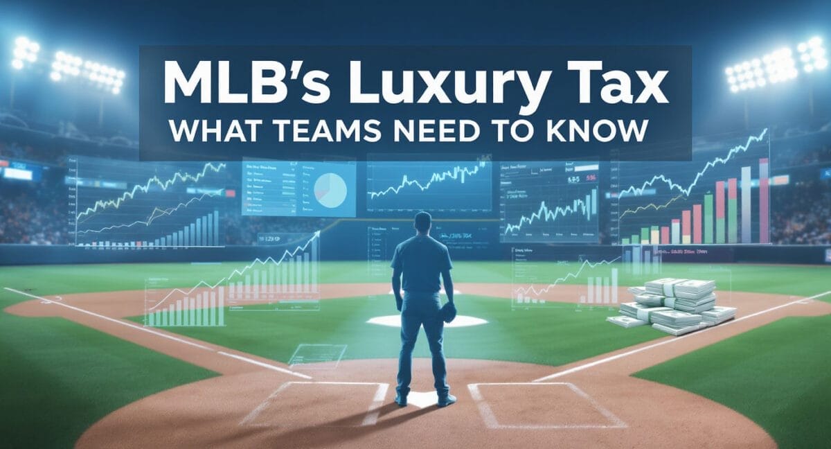 A person stands on a baseball field facing large digital screens displaying financial charts. The text reads, "MLB Luxury Tax: What Teams Need to Know." Stacks of money sit on the field under glowing stadium lights.