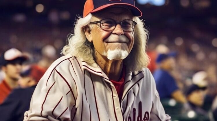 An older man with long white hair and glasses, wearing a baseball cap and striped baseball jersey, stands at a stadium railing during an MLB game.