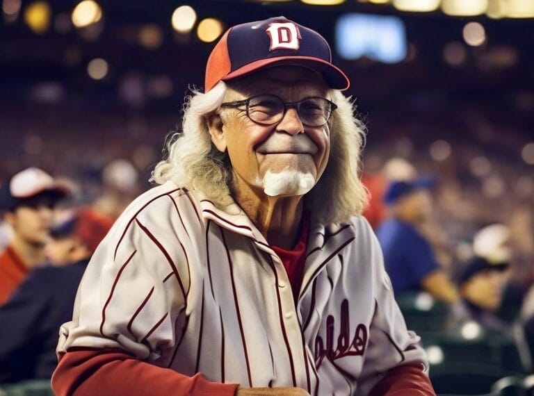 An older man with long white hair and glasses, wearing a baseball cap and striped baseball jersey, stands at a stadium railing during an MLB game.