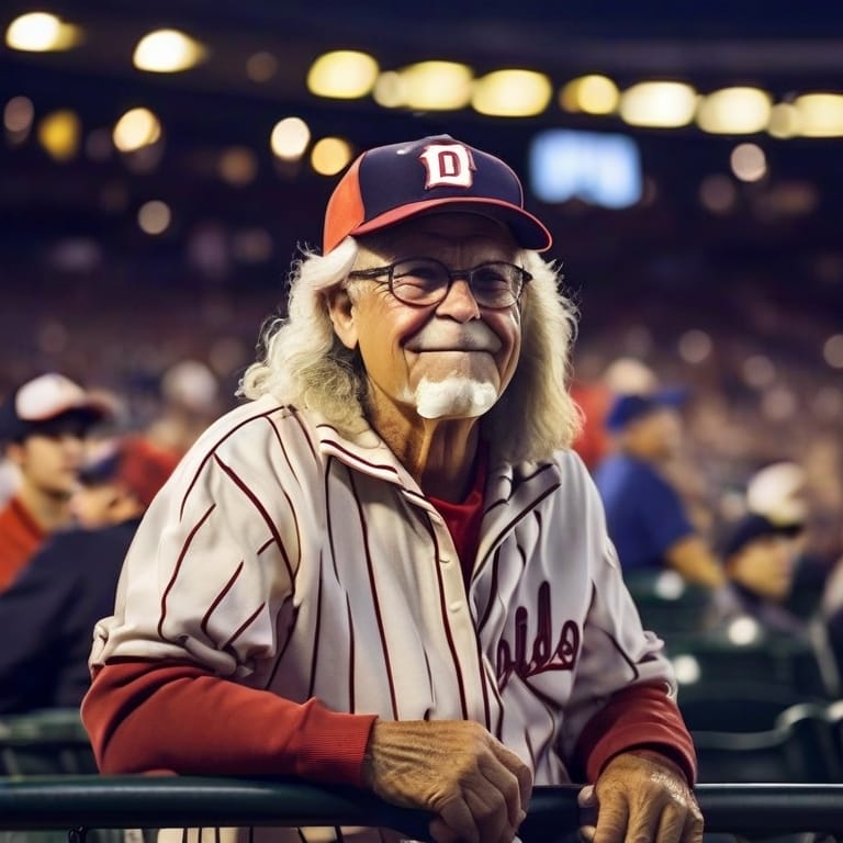 An older man with long white hair and glasses, wearing a baseball cap and striped baseball jersey, stands at a stadium railing during an MLB game.