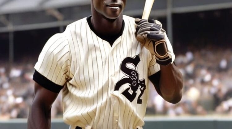 A baseball player in a white and black pinstripe uniform holding a bat walks on the field. He wears a cap with a logo and the number 32, reminiscent of Michael Jordan’s brief baseball stint, is visible on his jersey. The background shows a stadium filled with spectators.