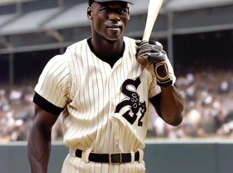 Michael Jordan in a white and black pinstripe uniform holding a bat walks on the field. He wears a cap with a logo and the number 32, reminiscent of Michael Jordan’s brief baseball stint, is visible on his jersey. The background shows a stadium filled with spectators.