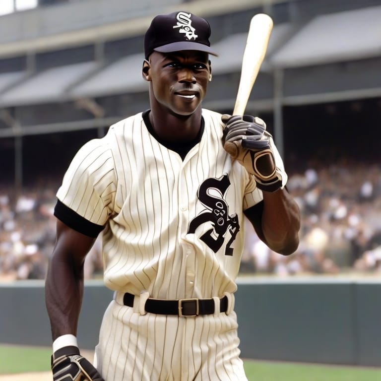 Michael Jordan in a white and black pinstripe uniform holding a bat walks on the field. He wears a cap with a logo and the number 32, reminiscent of Michael Jordan’s brief baseball stint, is visible on his jersey. The background shows a stadium filled with spectators.