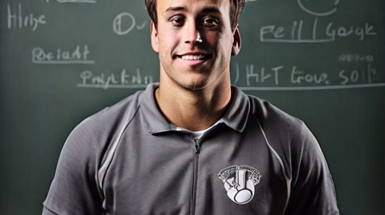 A man in a sports shirt stands in front of a chalkboard with various notes written on it. He is smiling and facing the camera, capturing the essence of Moneyball Madness.