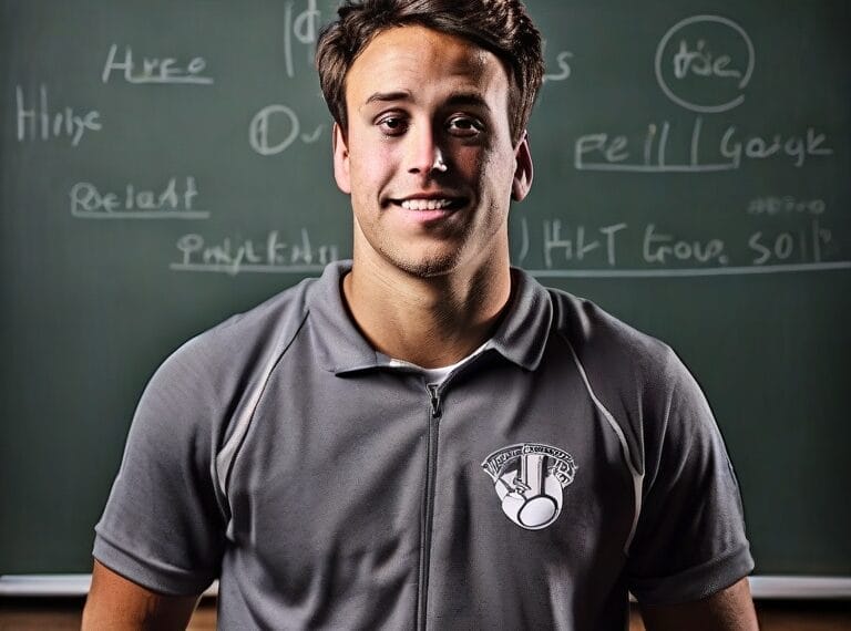 A man in a sports shirt stands in front of a chalkboard with various notes written on it. He is smiling and facing the camera, capturing the essence of Moneyball Madness.