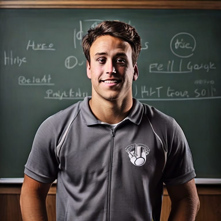 A man in a sports shirt stands in front of a chalkboard with various notes written on it. He is smiling and facing the camera, capturing the essence of Moneyball Madness.