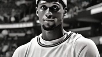 Black and white image of an NBA player wearing a jersey and cap, standing in an indoor arena with blurred spectators in the background.