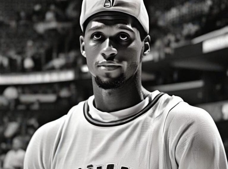 Black and white image of an NBA player wearing a jersey and cap, standing in an indoor arena with blurred spectators in the background.