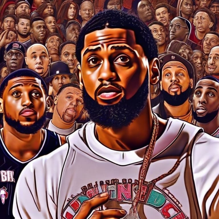 Illustration of a man with a thick beard in the foreground, surrounded by various expressions and faces of other people positioned behind him.